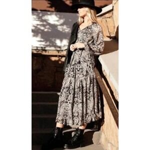 OPT Paisley Tiered Boho Maxi Dress Long Sleeve V Neck Button Up